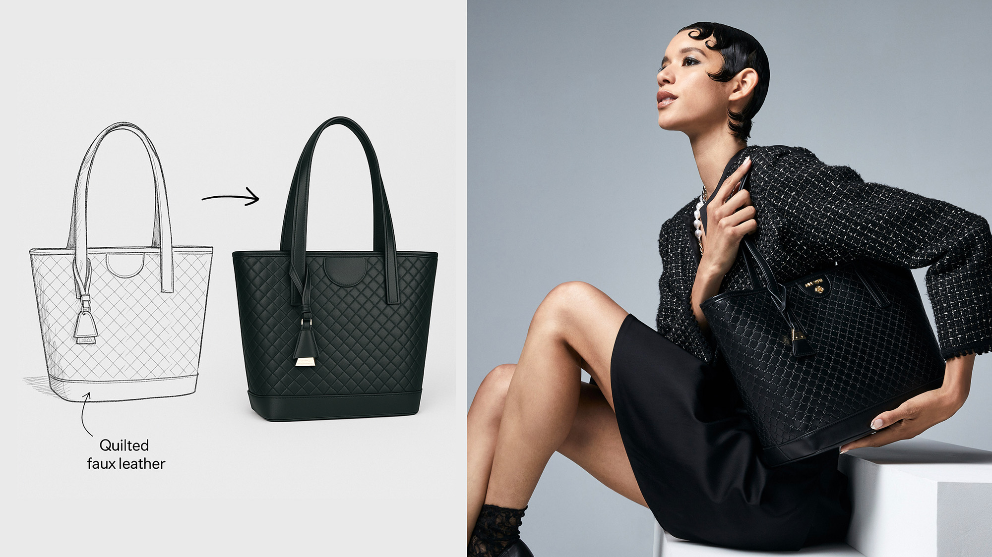 Photo of Signal Brands Design and Manufacturing Process, sketch of a handbag to production to campaign
