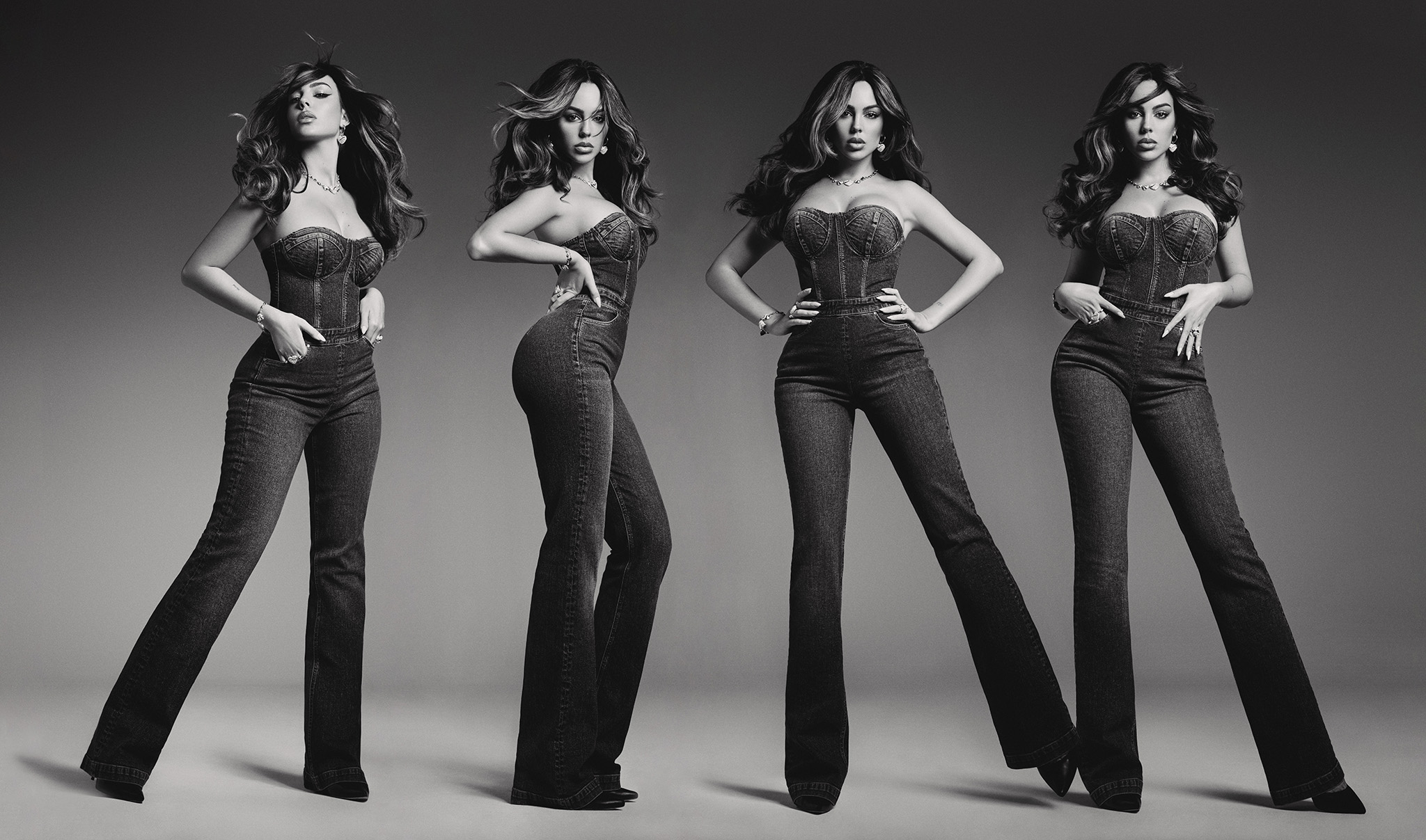Black and white photograph of a beautiful female model wearing a pair of Guess jeans in different posses